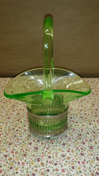 Vtg Green Depression Uranium Glass Vase Dish Silver Plate Basket Applied Handle