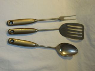 Vintage Ekco Gold Wood Handle Stainless Steel 13 " Spatula Spoon Fork Set