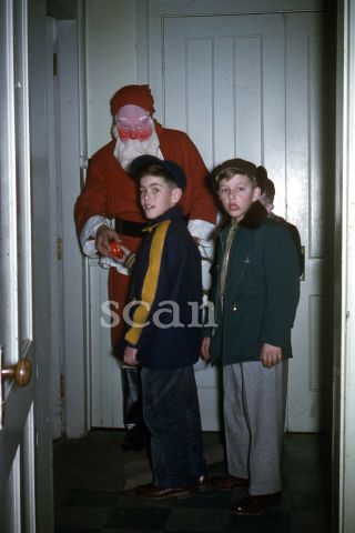 Vintage Kodachrome Red Border Slide 1940s Creepy Santa Boys Toys Christmas Xmas