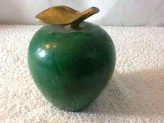 Vintage Large Marble Green Apple Paperweight With Gold Stem,  Very Heavy,