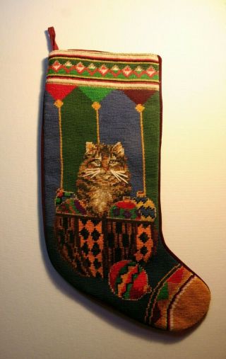 19 " Cat Kitten Christmas Stocking Needlepoint Style Finished Vintage Velour