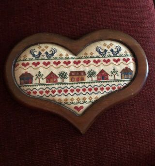 Vintage Village Sampler Themed Heart Frame Finished Cross Stitch Wall Hanging