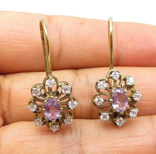 925 Silver - Vintage Amethyst & Topaz Floral Gold Plated Drop Earrings - E5684