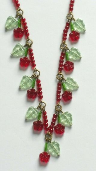 Czech Red Flower Glass Bead Necklace Vintage Deco Style