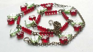 Czech Red Flower Glass Bead Necklace Vintage Deco Style 2