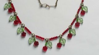 Czech Red Flower Glass Bead Necklace Vintage Deco Style 3