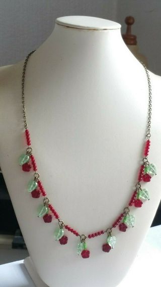 Czech Red Flower Glass Bead Necklace Vintage Deco Style 4
