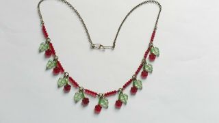 Czech Red Flower Glass Bead Necklace Vintage Deco Style 5
