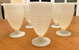 Anchor Hocking Milk Glass Bar & Hobnail Goblets - Set Of 5 - Vtg Opaque Footed