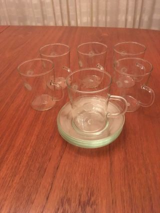 Vintage Simax Czechoslovakia Tea Coffee Etched Glass Set Of Six Cups And Saucers