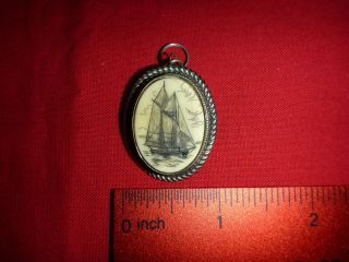 Vintage Etched Scrimshaw Style Boat Ship Brooch Pin Pendant Charm Silver Tone