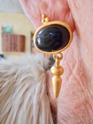 Authentic Vintage Black Cabochon Gold Tone Pierced Dangle Earrings