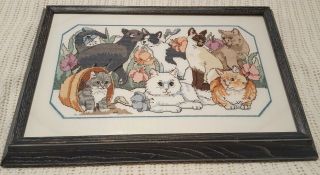 Vintage Framed Embroidery Needle Point Cats In Flower Garden Wall Art Decor