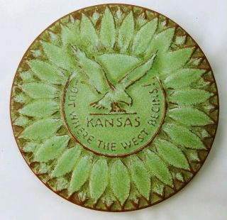 Vtg Frankoma Pottery 6 " Trivet Praire Green Kansas " Out Where The West Begins "