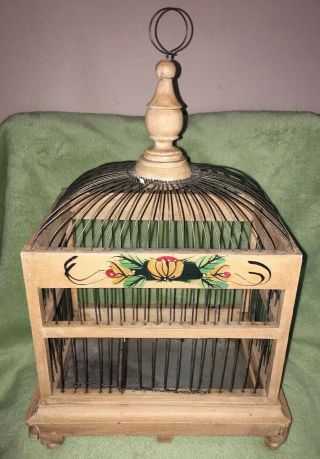 Vintage Wood Bird Cage Hand Painted Flower Dome Top Spindle House 18 " X12 " X9 "