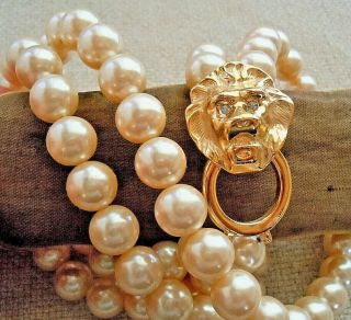 Vintage Designer K.  J.  L.  For Avon Lion Head Double Strand Faux Pearl Necklace