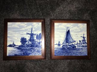 2 Vintage Delft Blauw Blue Windmill Ceramic Tile Hand Painted Holland Sailboat