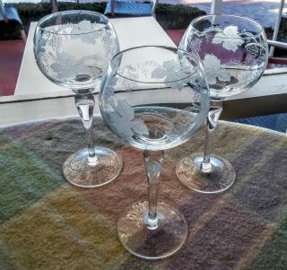3 Vintage Etched Wine Hocks Long Stem Glasses Grape Vine Pattern Unmarked 1950s