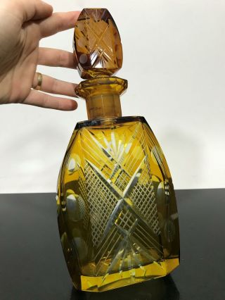 Vtg Amber Orange Cut To Clear Czech Art Glass Liquor Decanter Bottle