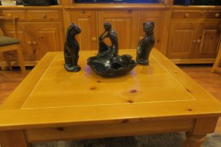 Vtg Black Cats Man Figurines Mid Century Pottery Sleek Gre Eyes And Matching Se