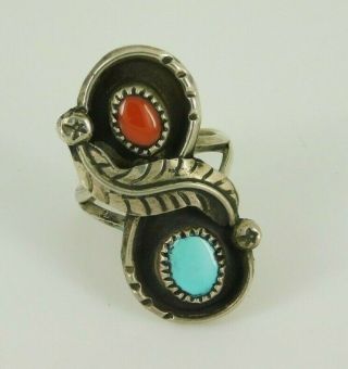Vintage Southwestern Sterling Silver Turquoise & Coral Ring Size 7.  75 Signed