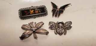 4 Vintage Pins - Brooches - Sterling Silver - Mexico - Bugs - Butterflys - Flowers