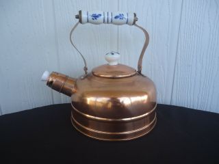 Vintage Copper & Porcelain Handle Kettle Teapot Whistling