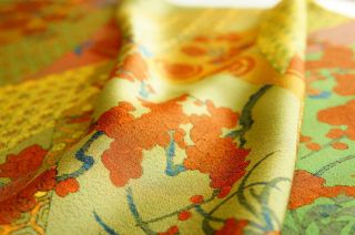 Vintage Japanese Kimono Silk Fabric | Piece Dyed Green Garden 63 " |quilting,  Panel