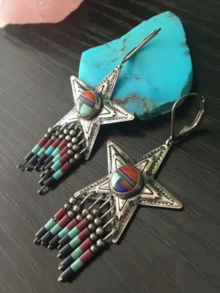 Vintage Native American Turquoise Inlay Sterling Silver Star Earrings Qt 7g