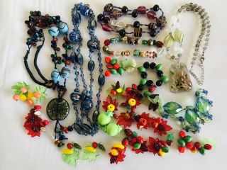 Vintage Venetian Murano Glass And Fruit Glass Beads Necklaces Joblot