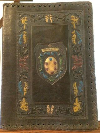 Vintage Leather Book Cover With Design And A Book Mark 9 X 6 1/2 Closed