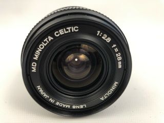 Vtg Minolta MD Minolta Celtic 28mm 1:2.  8 SLR Camera Lens W/Celtic Front Len Cap 2