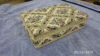 39d Vtg Tapestry Covered Wood Jewelry Box W/compartments & Mirror 9x6