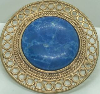Unique Vintage Artdeco Filigree Brooch Blue Lapis Round Large 1.  75”goldtone