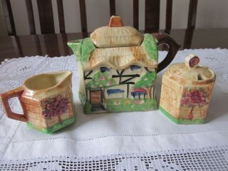 Vintage Porcealin Cottage Teapot Sugar Bowl And Creamer Made In Japan