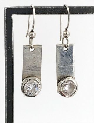 Vintage.  925 Sterling Silver & Cubic Zirconia,  Abstract Dangling Wire Earrings
