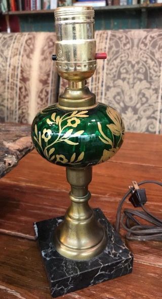 Vtg 10” Hand - Painted Green Glass Accent Table Lamp Marble Base