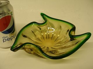 Vintage Italian Murano Art Glass Bowl Pulled Swirl Freeform Green & Gold Italy