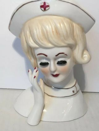 Vintage Nurse Red Cross Rn Head Vase Unsigned Planter Vase Porcelain 5 1/2 "