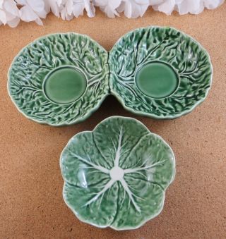 Vintage Bordallo Pinheiro Majolica Pottery Green Cabbage Small Serving Dip Bowls