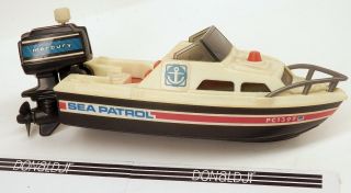 Vintage Tomy Sea Patrol Cabin Cruiser Boat Wind Up Mercury Motor C.  1978 Plastic