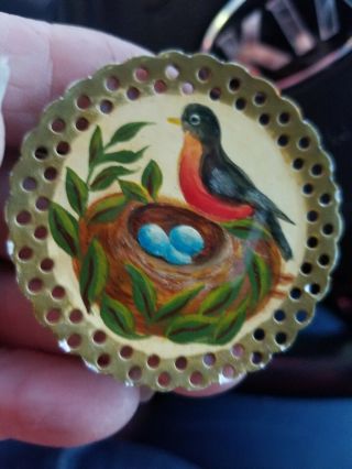 Vintage Signed Bird Nest By:rosa Zeller Hand Painted Enamel Metal Brooch Pin