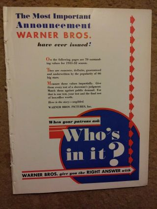 Vintage 1931 - 32 Hollywood Memorabilia Warnerbros.  Who 