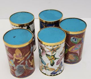 Set 5 Vintage Chinese Cloisonne Wine Cups w Butterflies & Box 7