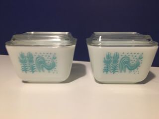 Vintage Pyrex Butterprint Turquoise On White Small Refrigerator Dishes Set Of 2