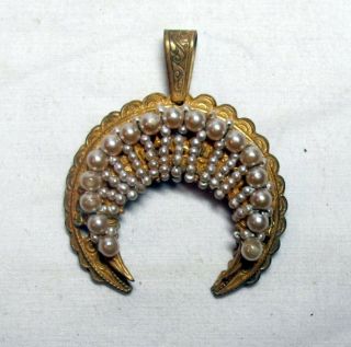 Vintage Signed Miriam Haskell Faux Pearl Crescent Moon Gold - Colored Pendant