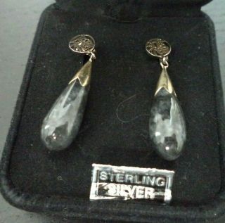 Vintage Sterling Silver Asian Stone 1 1/4 " Pierced Earrings G741v