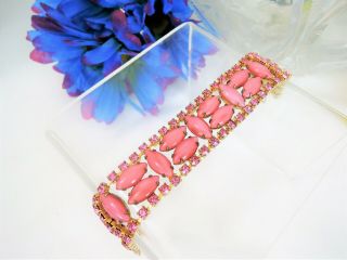 Vintage Pink Art Glass & Rhinestone Prong Set Bracelet Wide Beauty