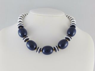 Vintage Monet Navy Blue White Bead Necklace 17.  5 " Lucite Gold Tone Signed