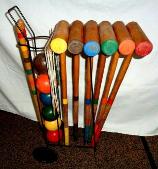 Vintage 6 Player Wood Croquet Set With Metal Stand